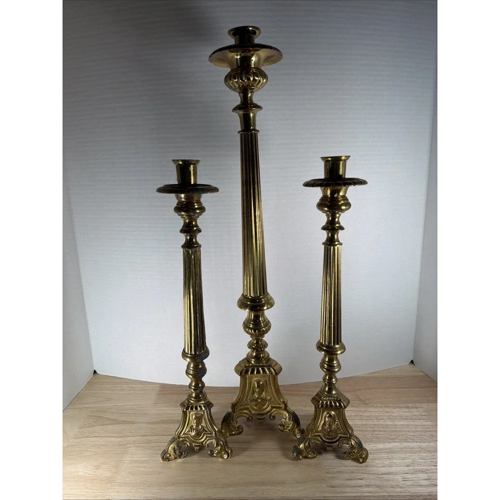 Set 3 Antique Church Altar Tall Brass Candlesticks Mary Joseph Jesus 20.5